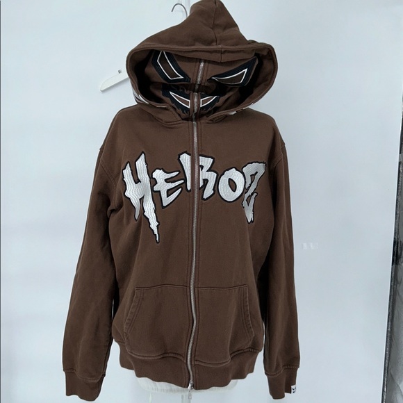 Heboz Zip Up Hoodie Brown Embroidered Graphic Mask Hood Streetwear Size M unisex - Picture 3 of 11